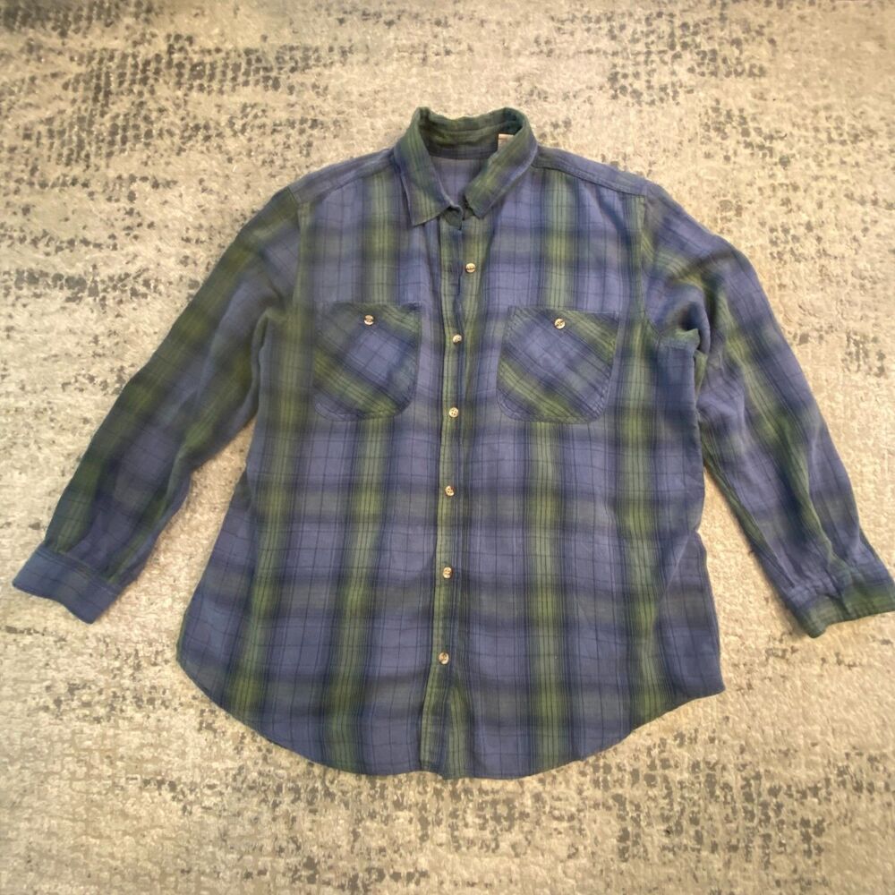 Asmar Women L Blue Green Plaid 100% Cotton Flannel Shirt Made in Portugal Blouse